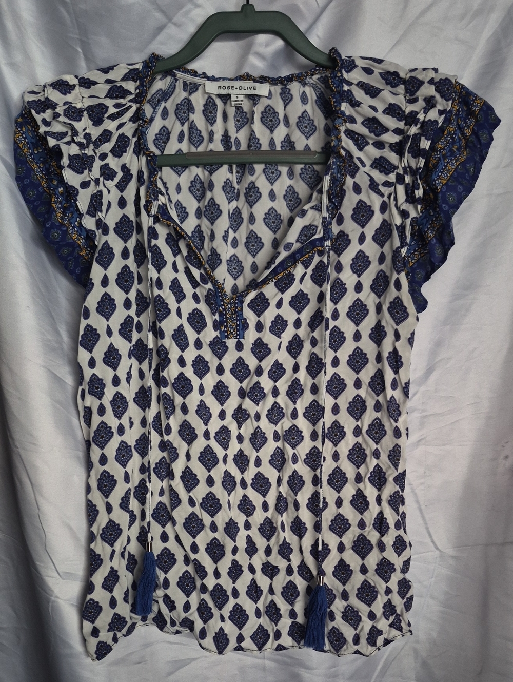Rose & Olive White and Navy Patterned Tassel V-Neck Blouse